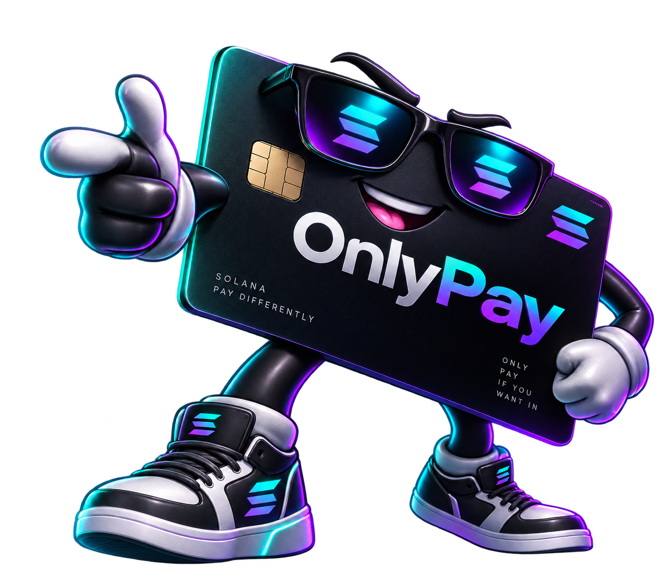 OnlyPay mascot: an anthropomorphic black payment card wearing sunglasses, smiling and giving a thumbs up